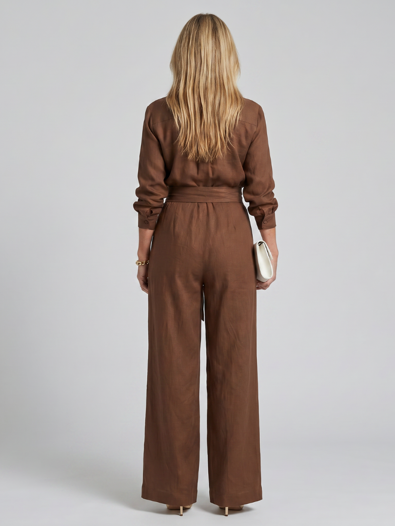 Women's Long Sleeve Button Front Wide Leg Jumpsuit