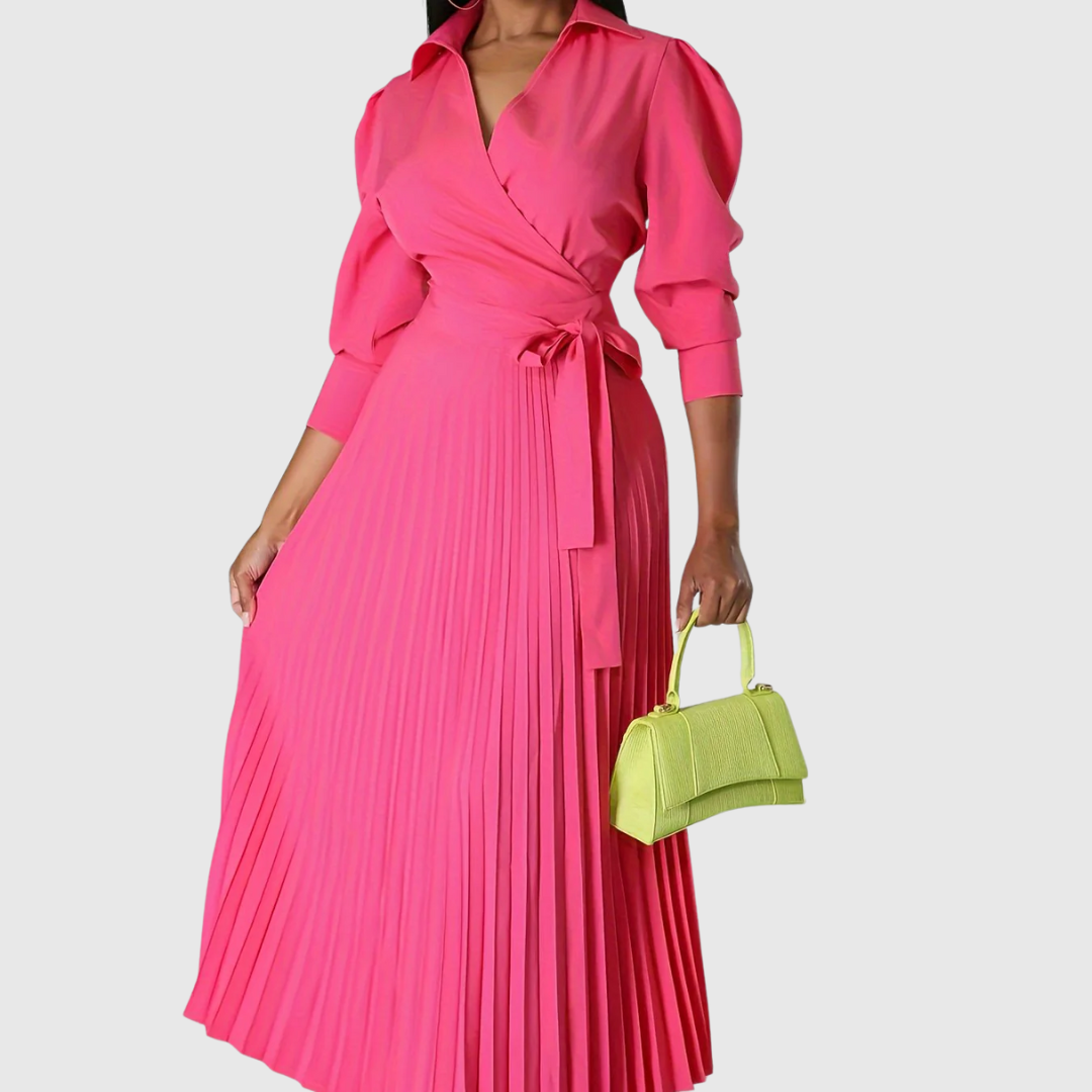 Women's Pleated Wrap Maxi Dress with Tie Waist