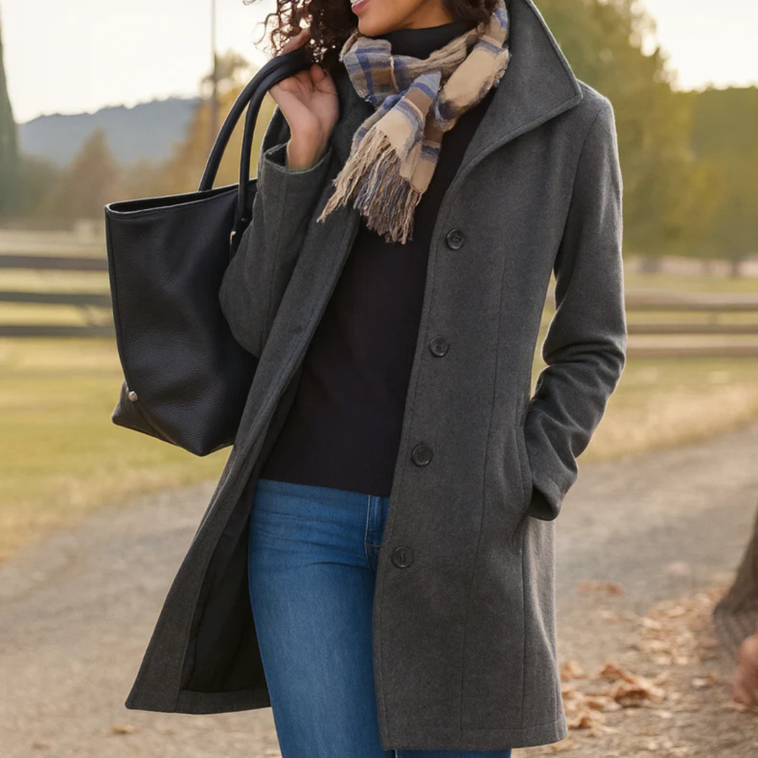 Women's Classic Button-Front Coat with Lapel Collar