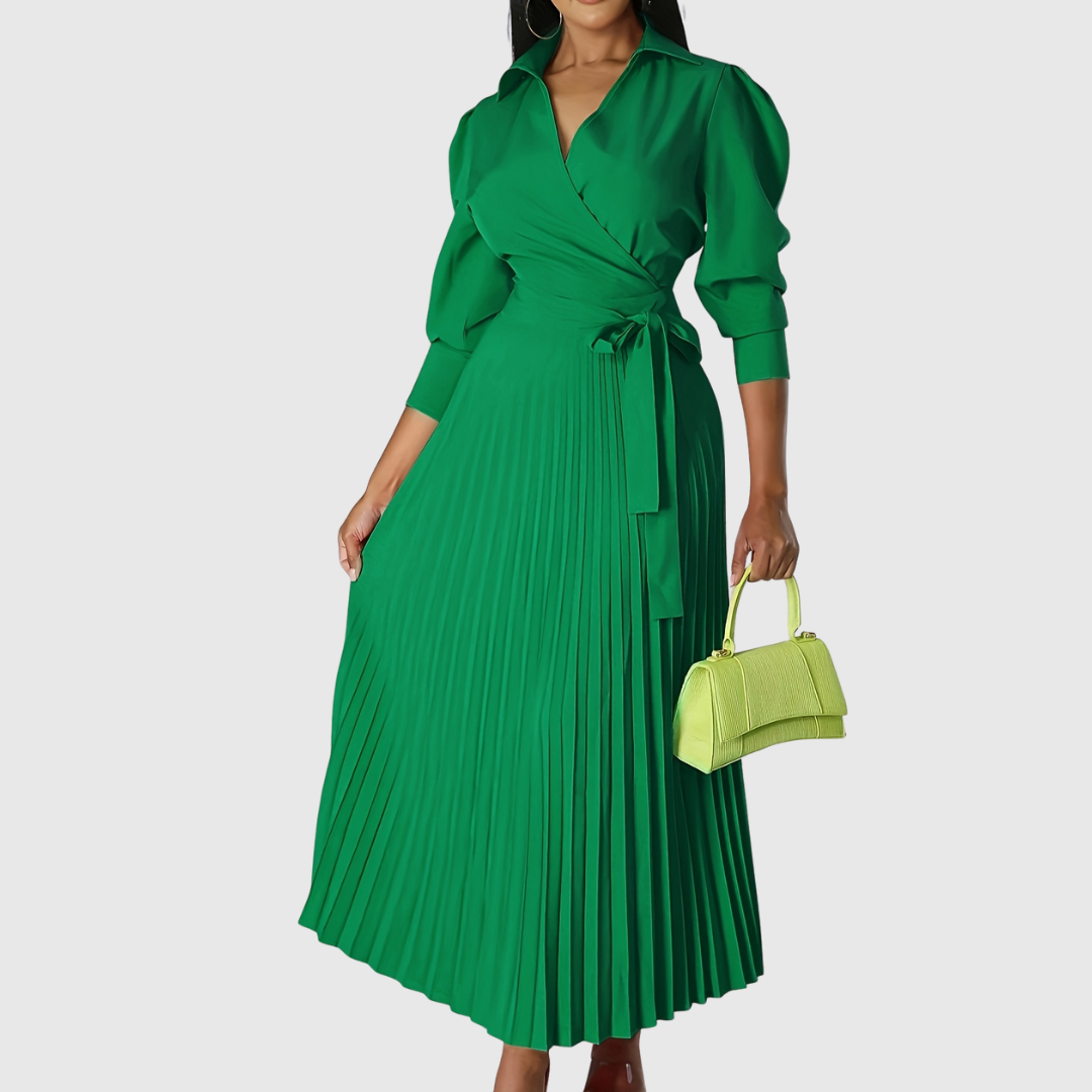 Women's Pleated Wrap Maxi Dress with Tie Waist