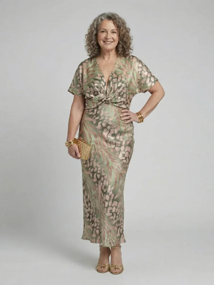 Women's Printed Twist Front Maxi Dress with Flutter Sleeves