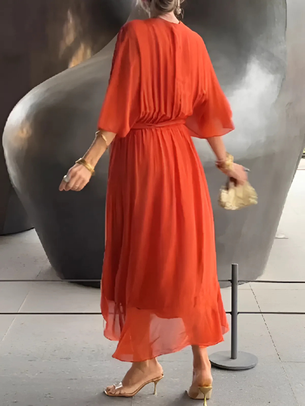 Flowing V-Neck Tie Waist Sheer Overlay Midi Dress