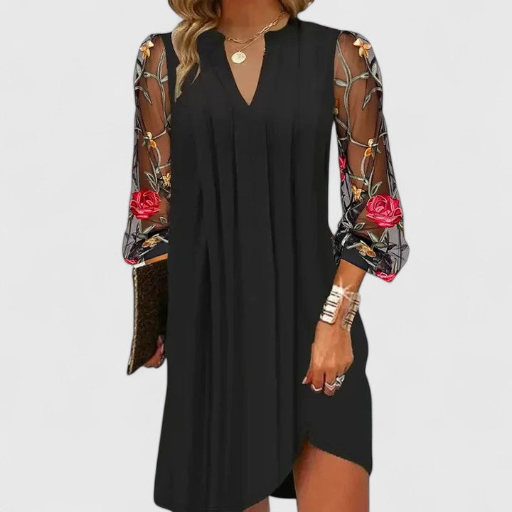 Women's V-Neck Mini Dress with Sheer Sleeves