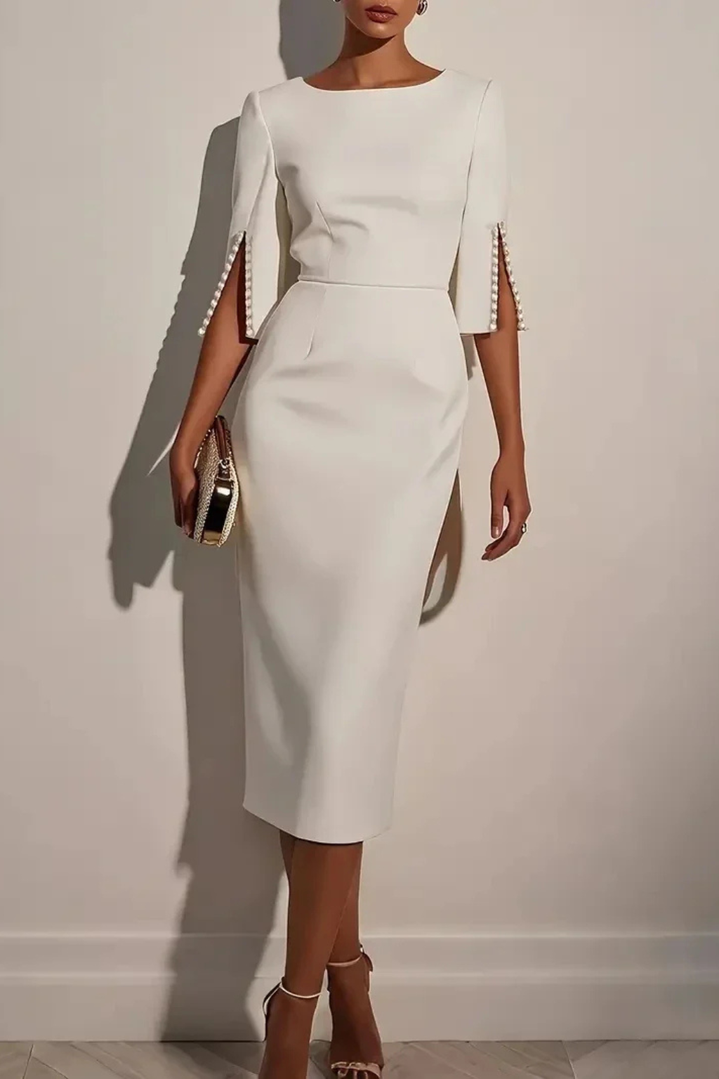 Women’s Elegant Pearl Sleeve Midi Bodycon Dress