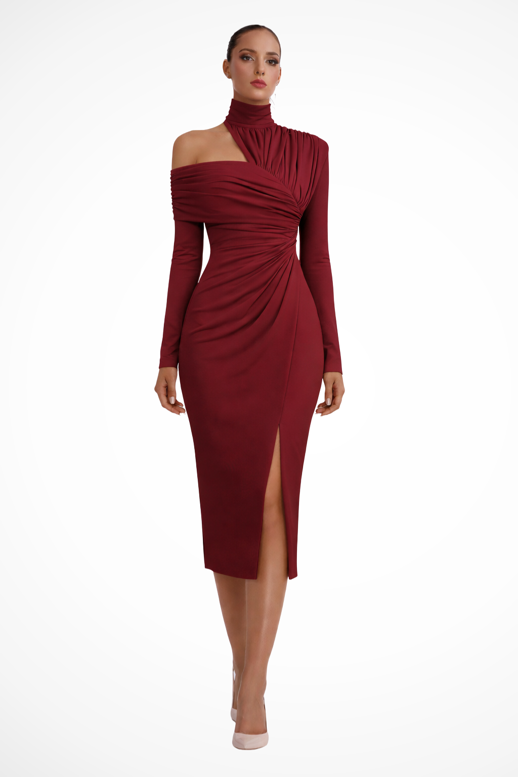 One-Shoulder Ruched Midi Dress for Women with Bodycon Silhouette