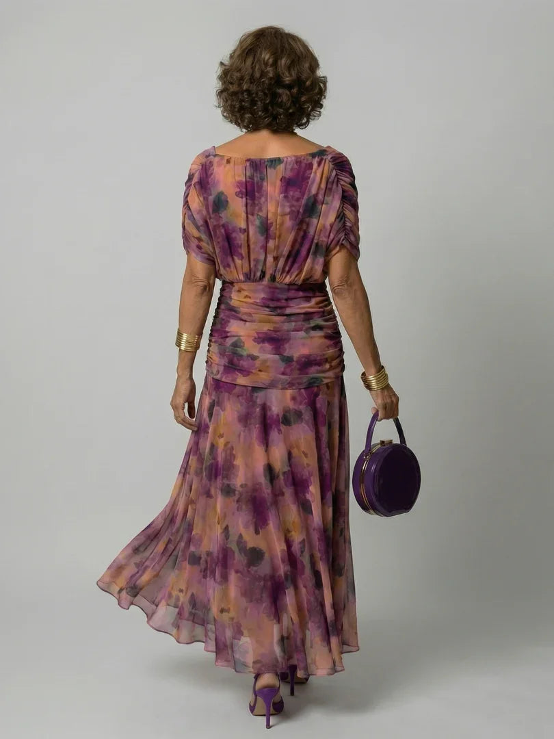 Women's Floral Mesh Maxi Dress with Ruched Bodice