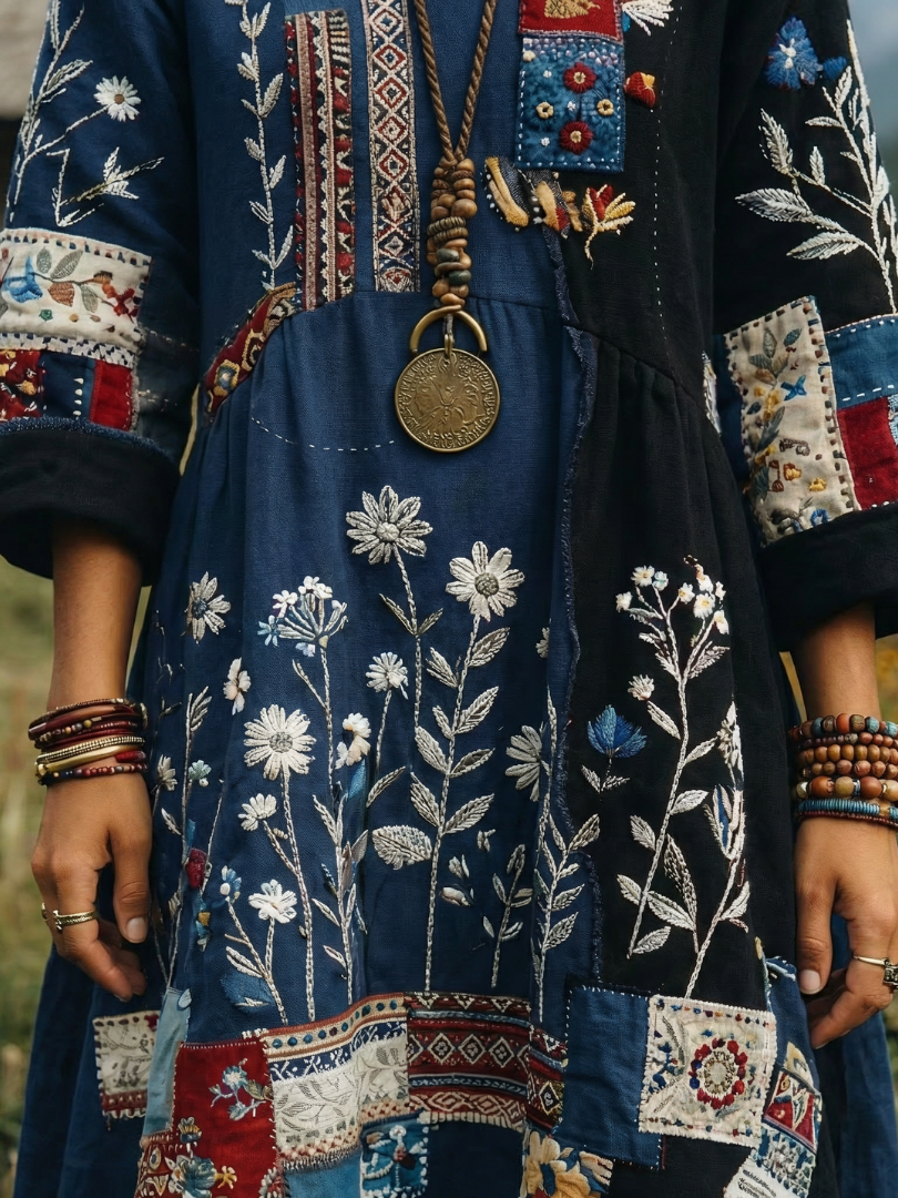 Women's Bohemian Floral Print Long Sleeve Midi Dress