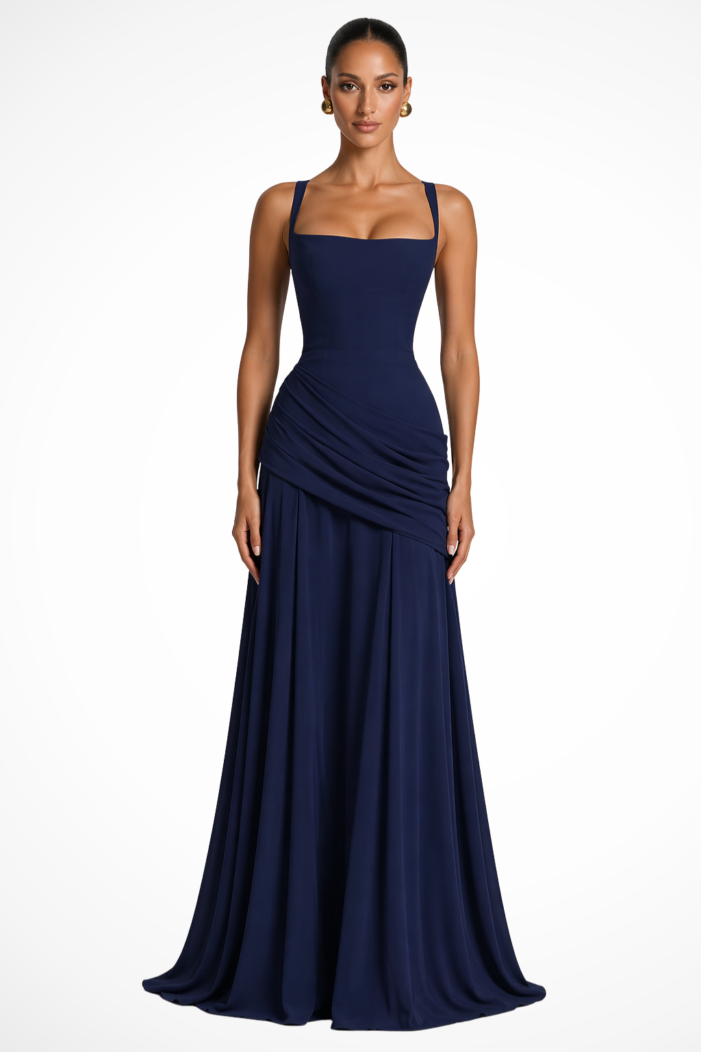 Women's Square Neck Ruched Maxi Dress Side Slit