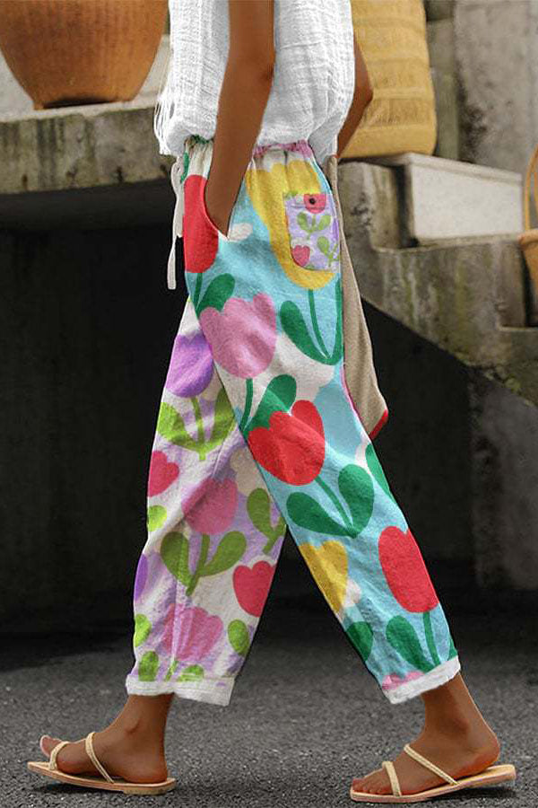 Women's Printed Wide-Leg Pants with Elastic Waist