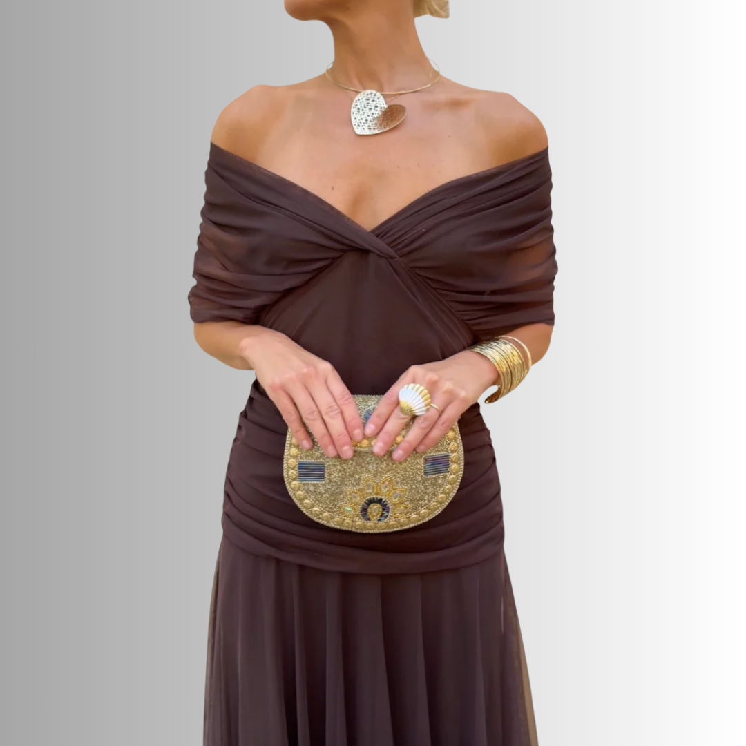 Women's Draped Off-Shoulder V-Neck Ruched Maxi Gown