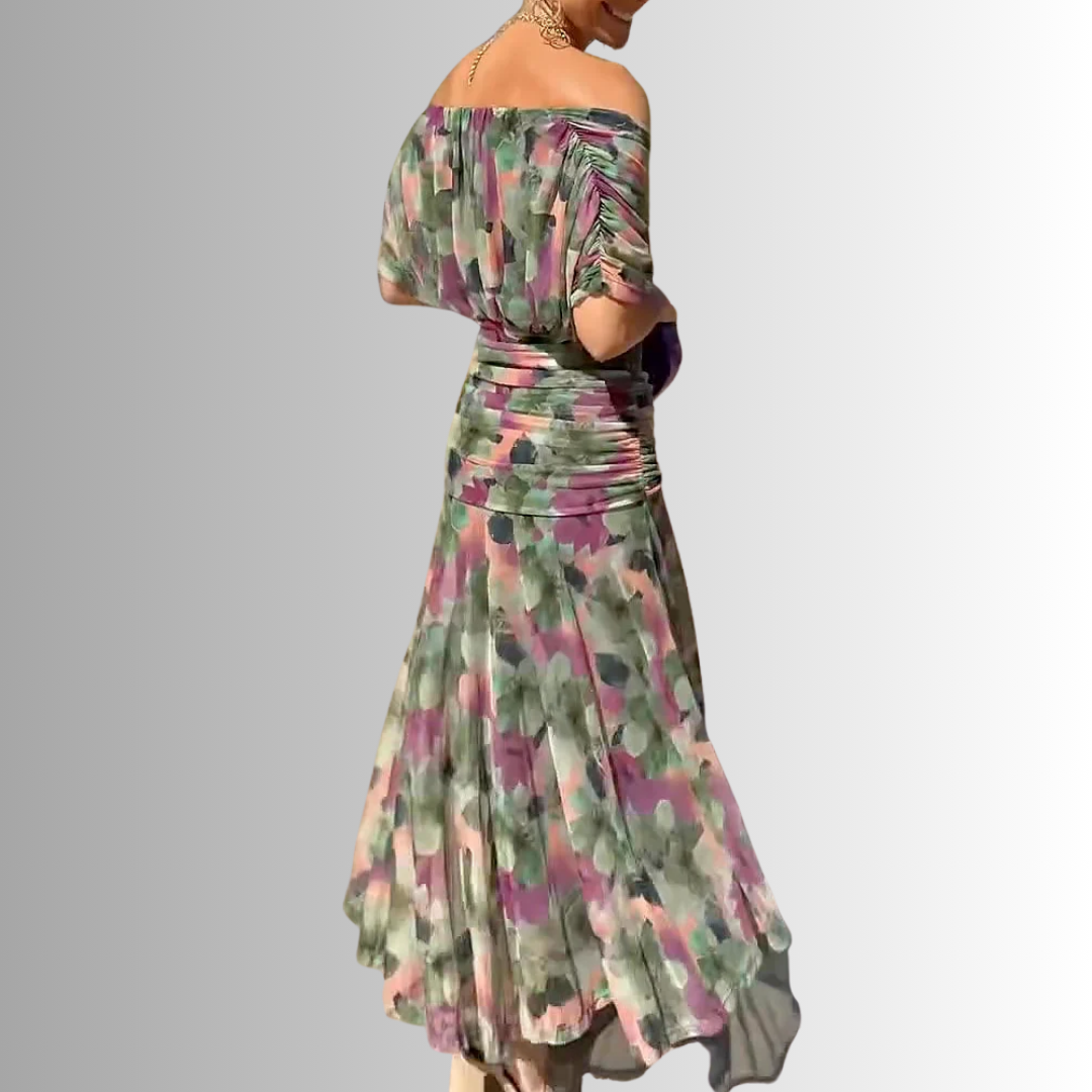 Women's Draped Off-Shoulder V-Neck Ruched Maxi Gown