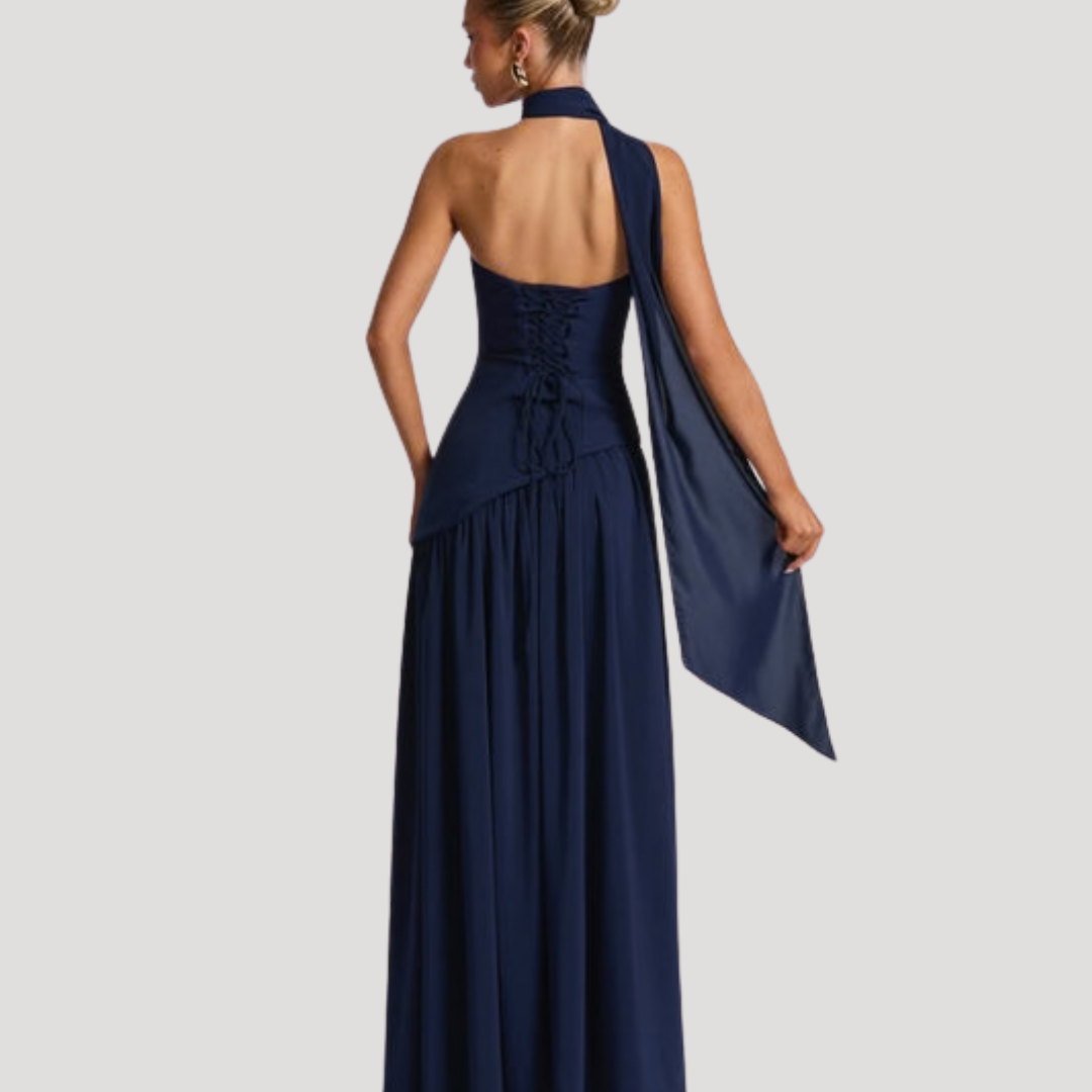Women's Strapless High-Slit Evening Maxi Dress with Scarf Detail