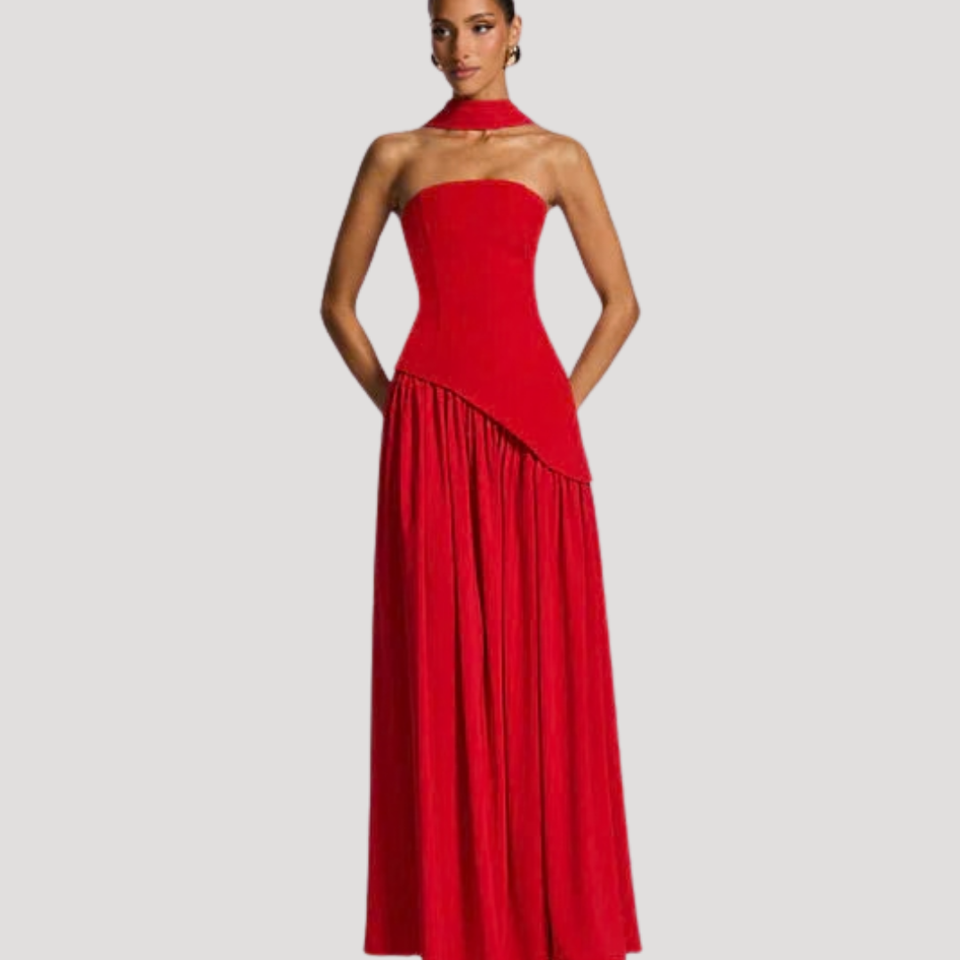 Women's Strapless High-Slit Evening Maxi Dress with Scarf Detail