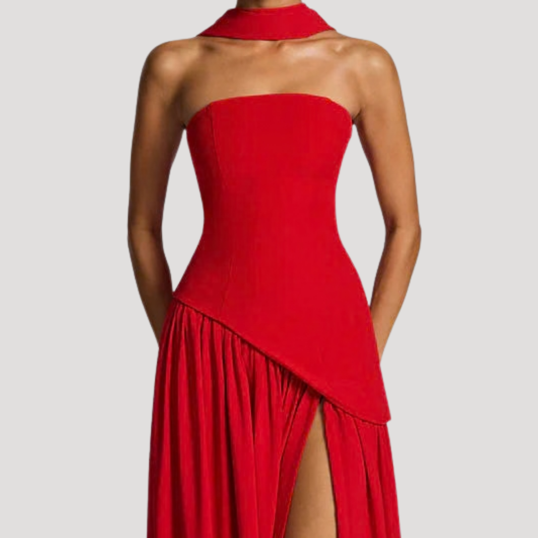 Women's Strapless High-Slit Evening Maxi Dress with Scarf Detail