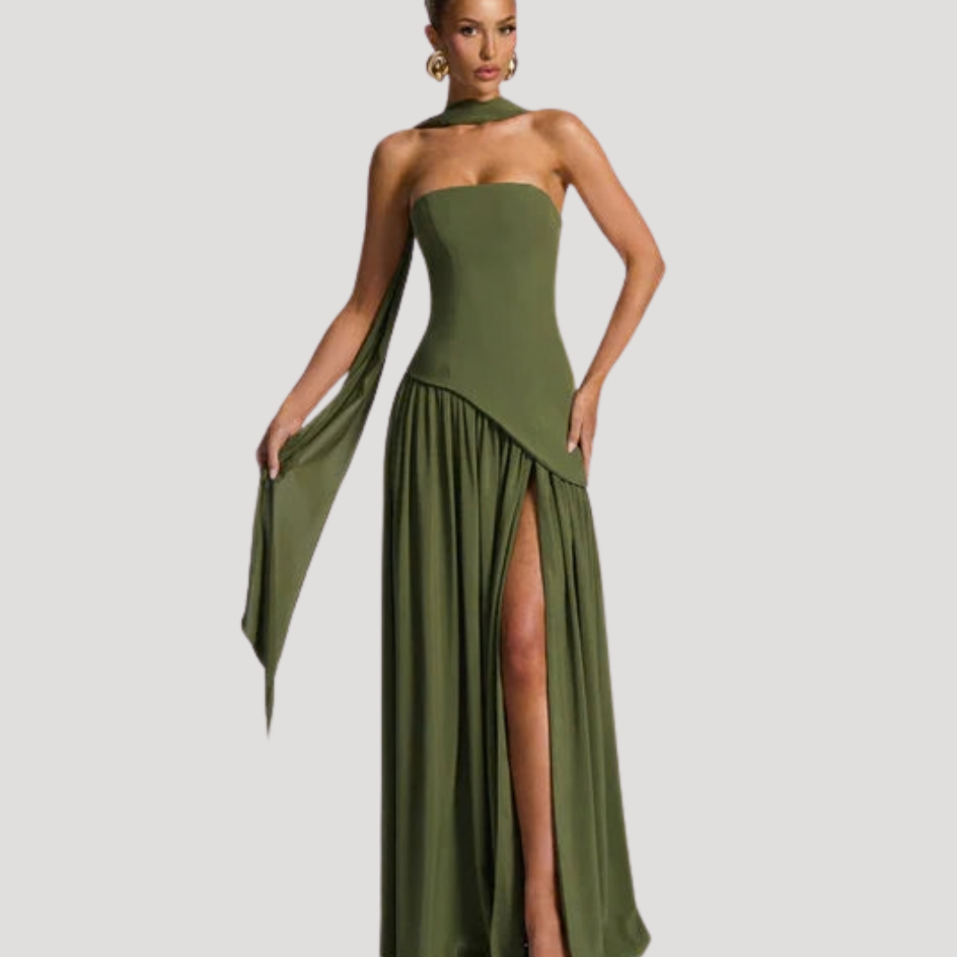 Women's Strapless High-Slit Evening Maxi Dress with Scarf Detail