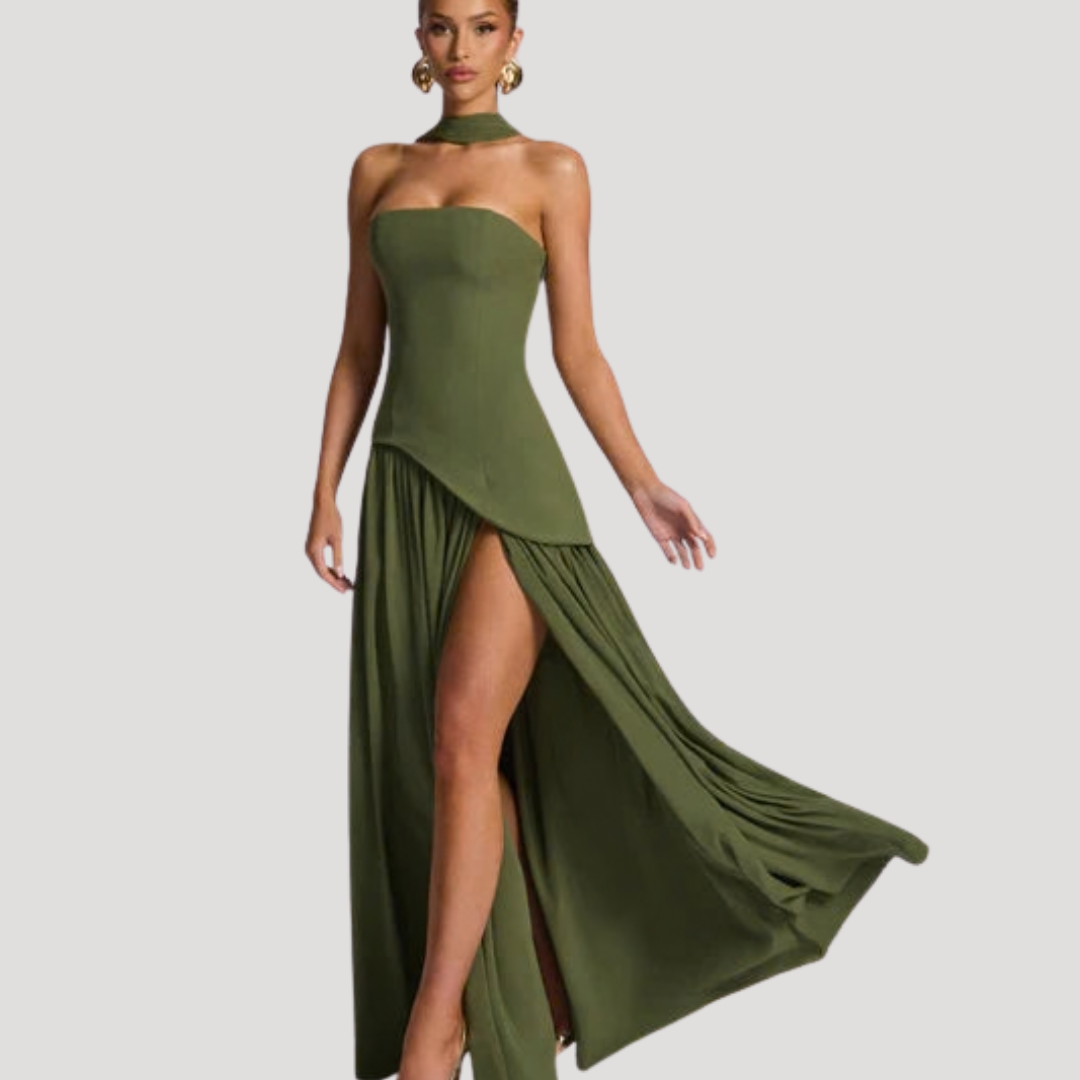 Women's Strapless High-Slit Evening Maxi Dress with Scarf Detail