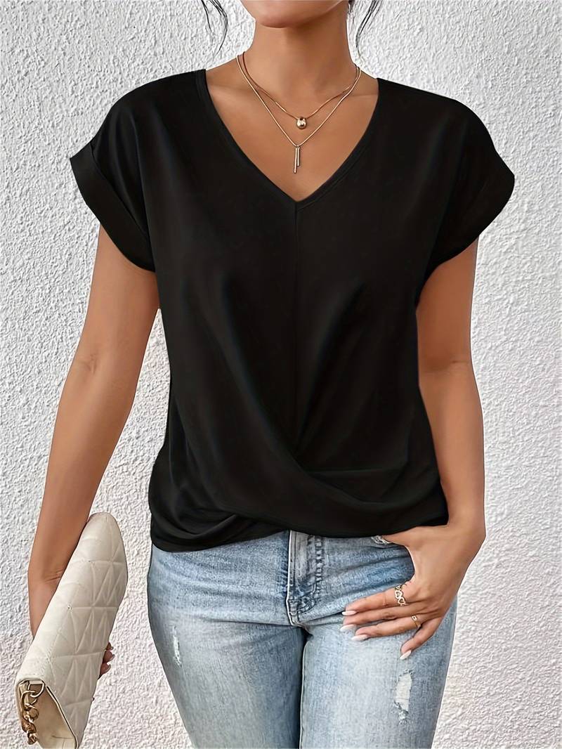 Women's V-Neck Short Sleeve Blouse Twist-Knot