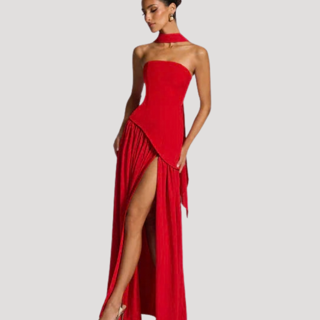 Women's Strapless High-Slit Evening Maxi Dress with Scarf Detail