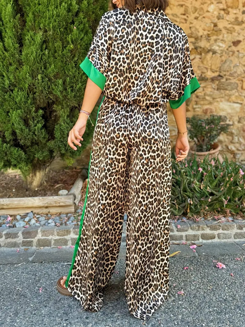 Women's Leopard Print Shirt and Wide Leg Pants Set