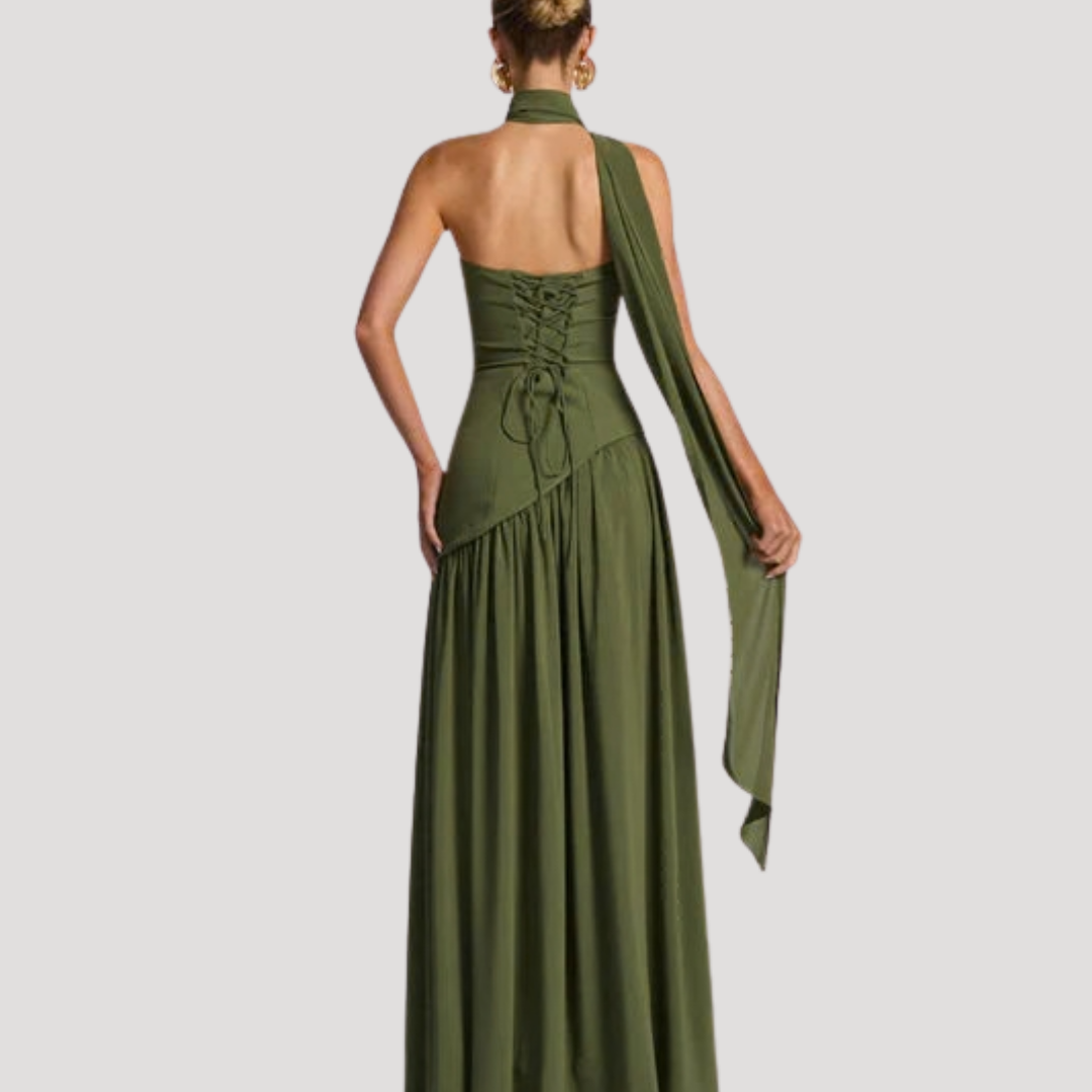 Women's Strapless High-Slit Evening Maxi Dress with Scarf Detail