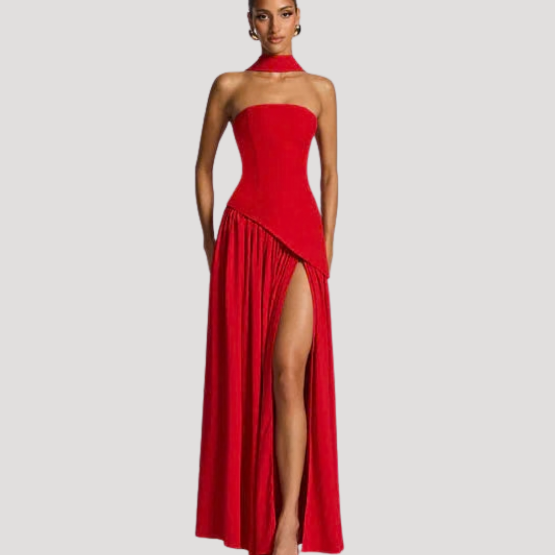 Women's Strapless High-Slit Evening Maxi Dress with Scarf Detail