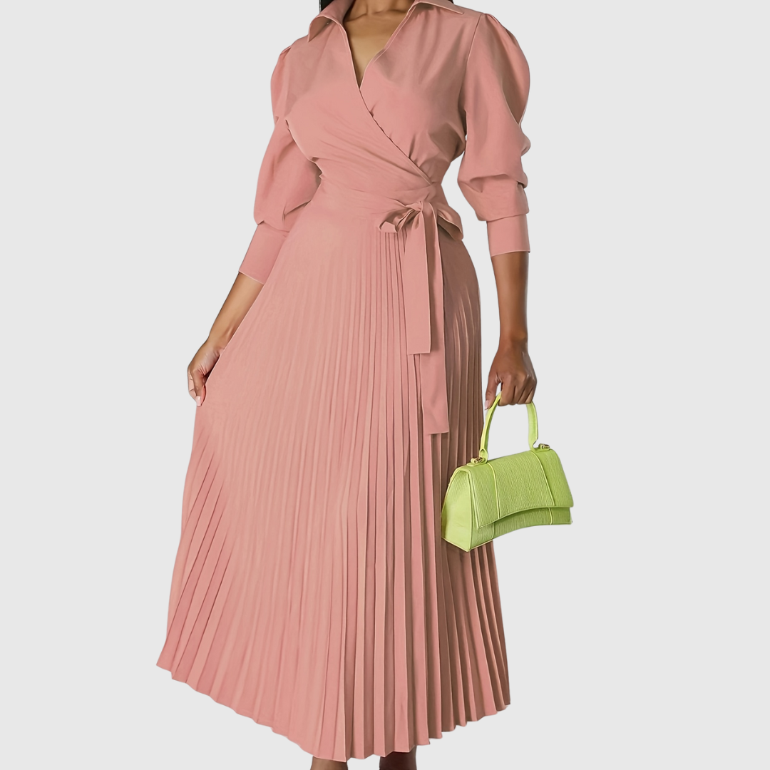Women's Pleated Wrap Maxi Dress with Tie Waist