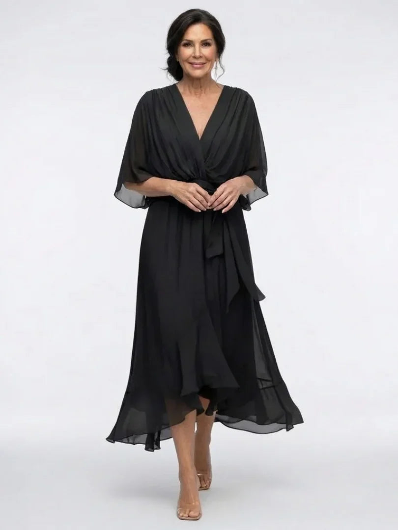 Women's V-Neck Draped Waist Tie Midi Dress