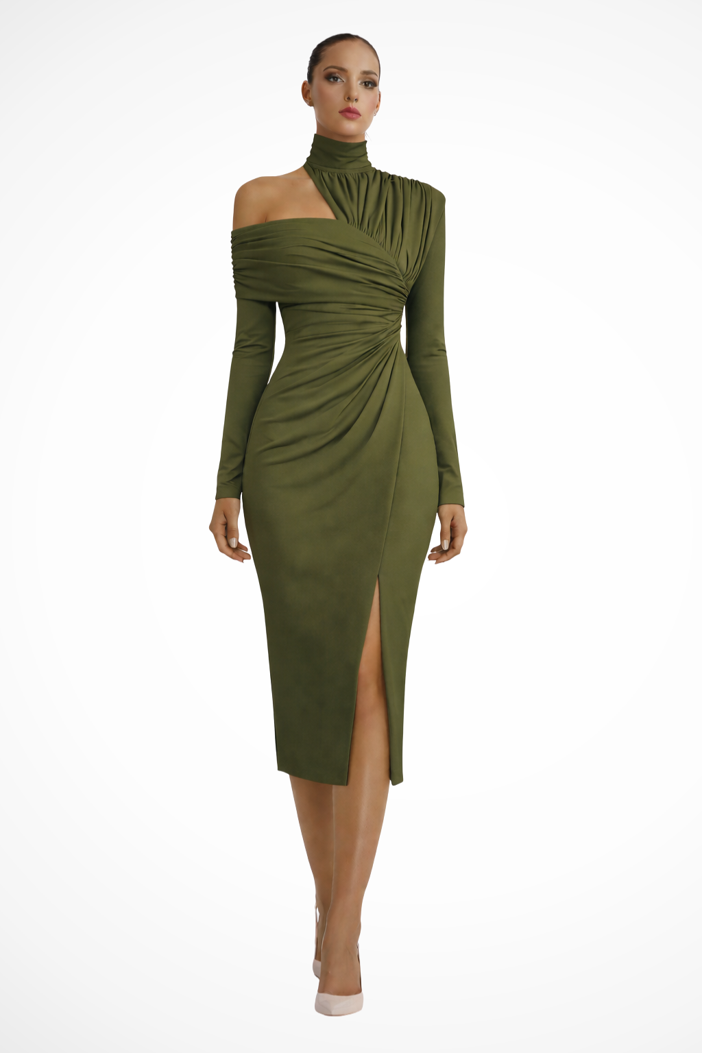 One-Shoulder Ruched Midi Dress for Women with Bodycon Silhouette