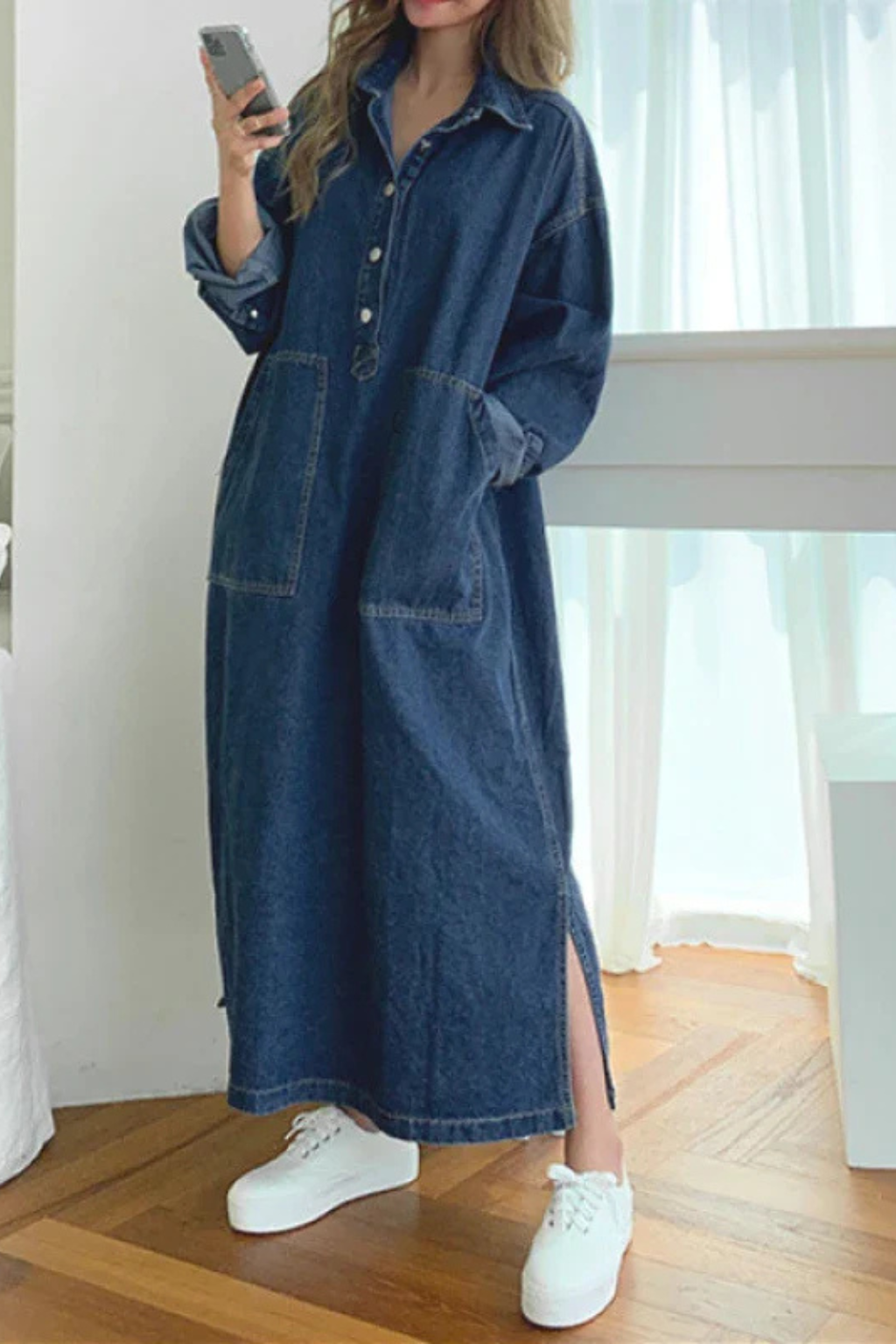 Women's Oversized Denim Maxi Dress with Pockets