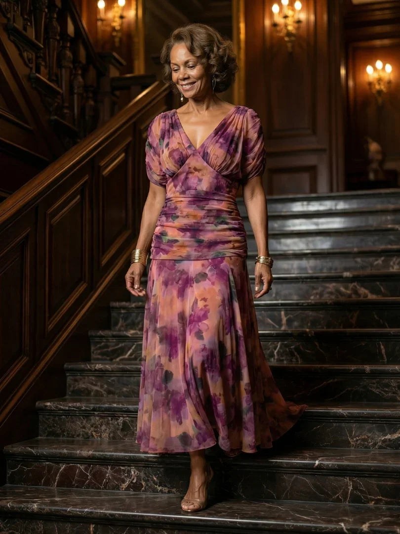 Women's Floral Mesh Maxi Dress with Ruched Bodice