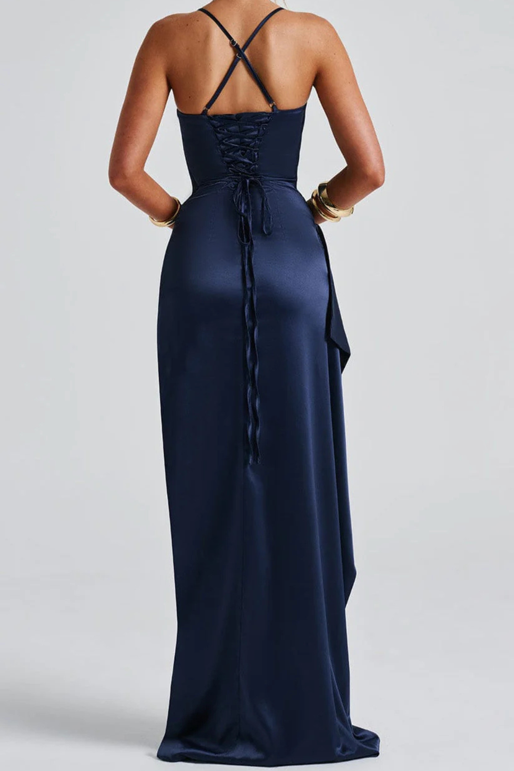 Women’s Satin Evening Dress with High Slit and Cross Back