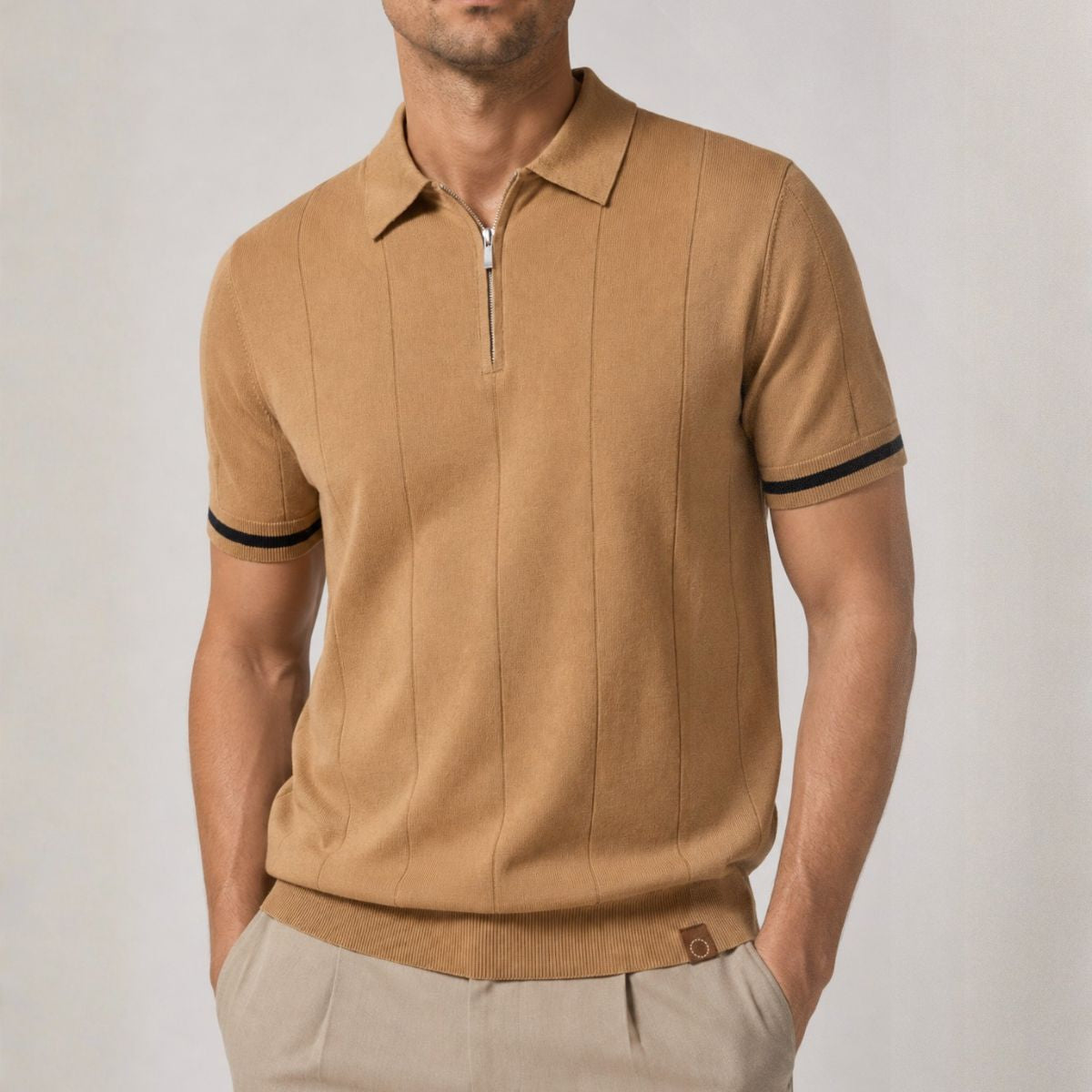 Men's Ribbed Zip Neck Polo Shirt