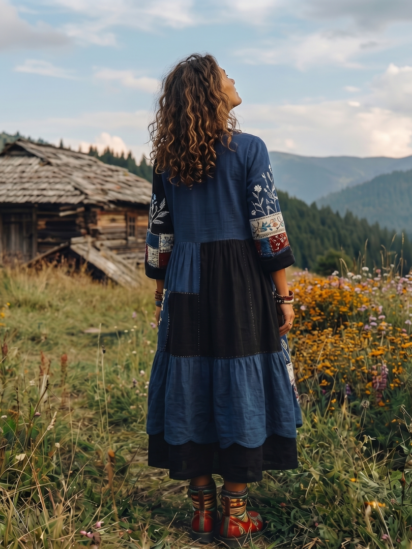 Women's Bohemian Floral Print Long Sleeve Midi Dress