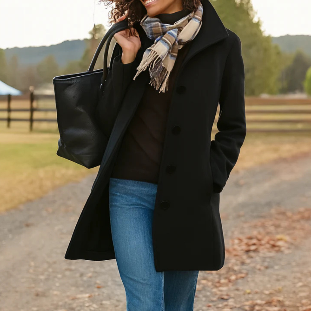 Women's Classic Button-Front Coat with Lapel Collar