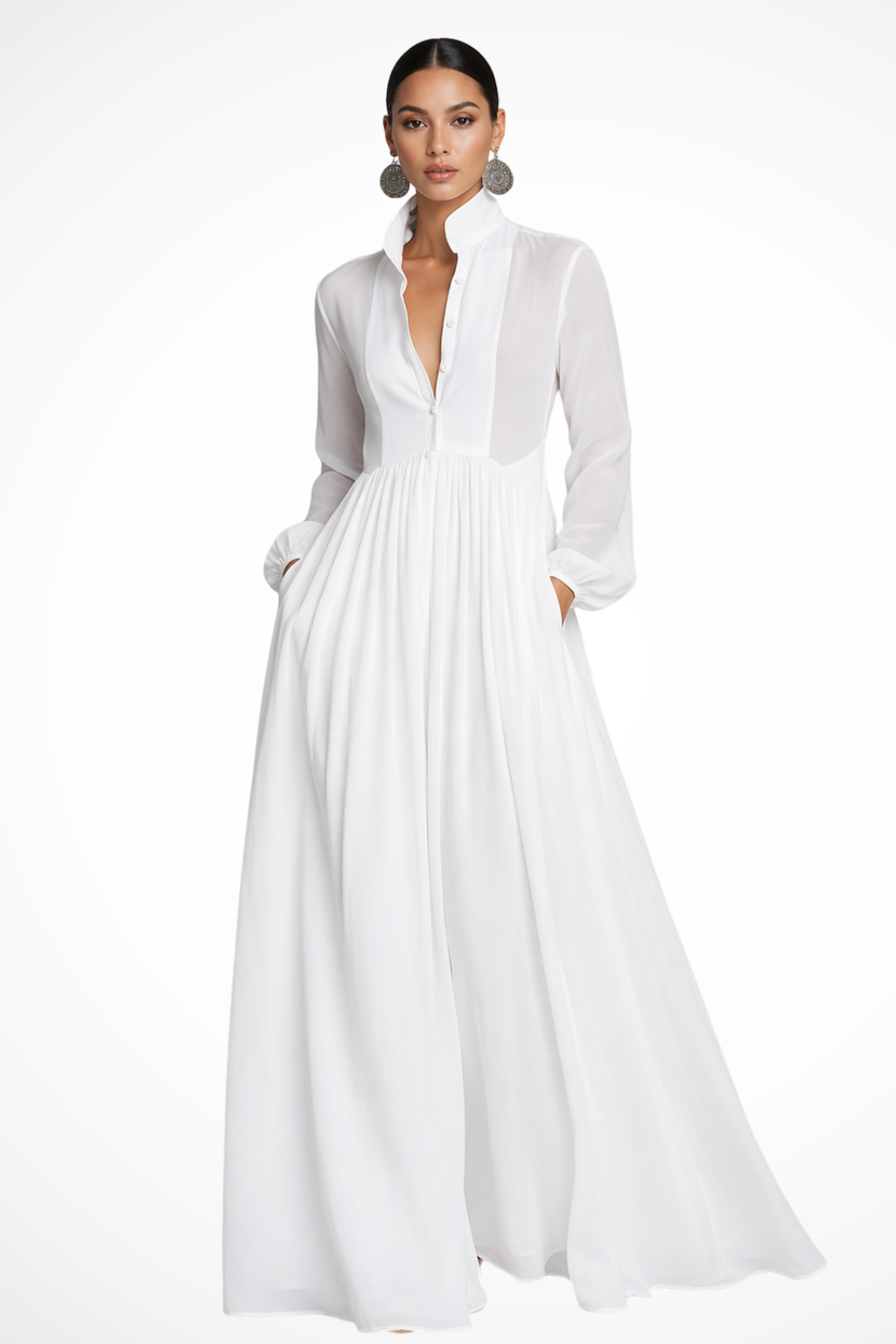 Women's Long Sleeve Button Maxi Dress with Pockets