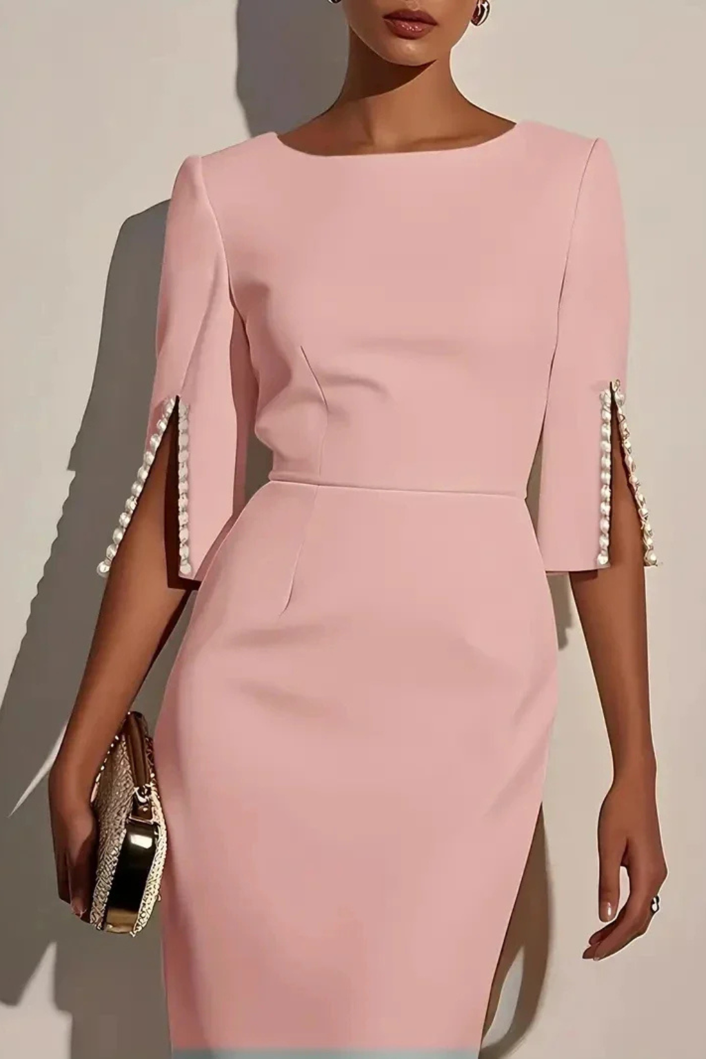 Women’s Elegant Pearl Sleeve Midi Bodycon Dress