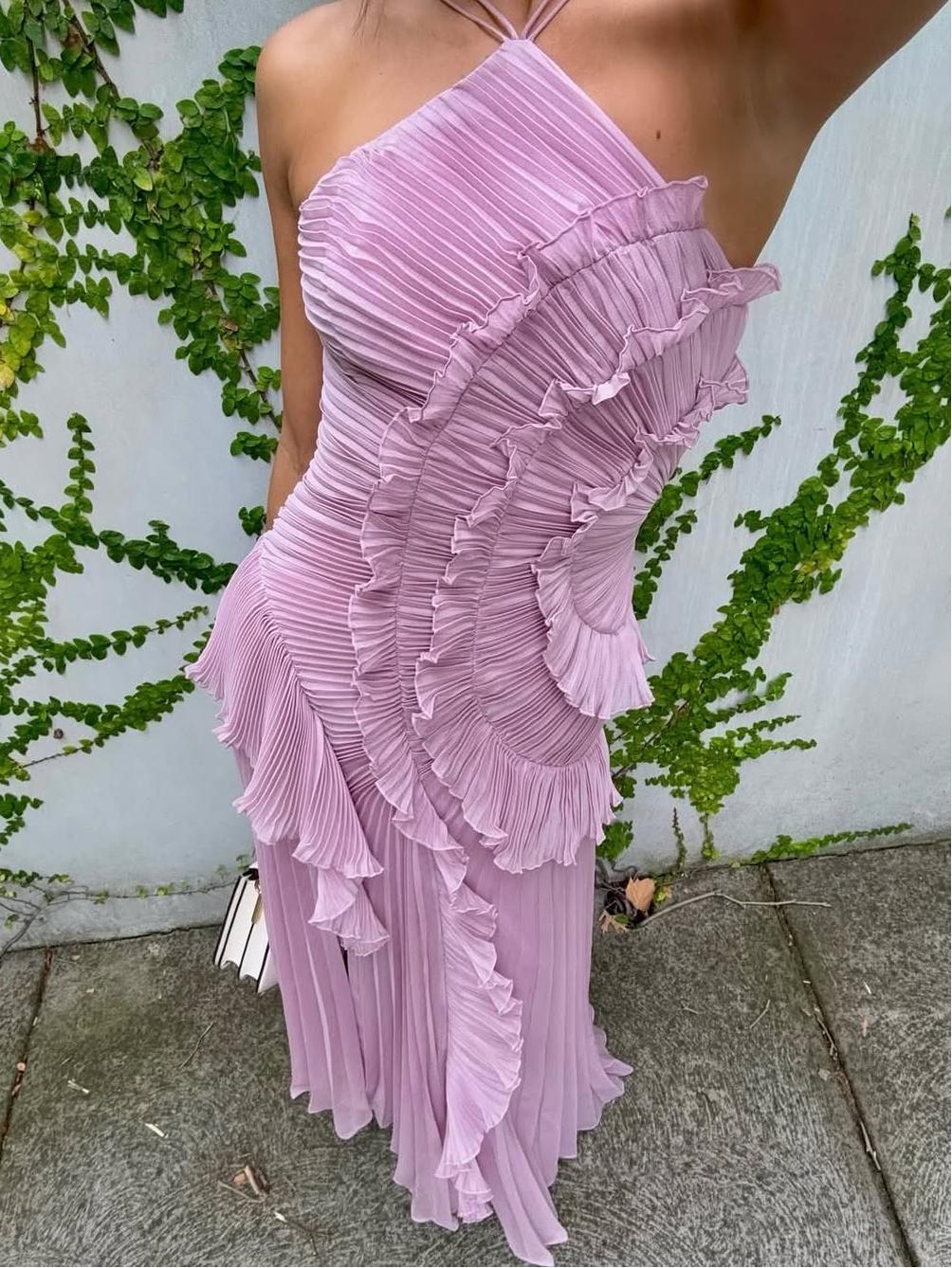 Women’s One-Shoulder Ruffle Maxi Dress with Pleated Asymmetrical Hem