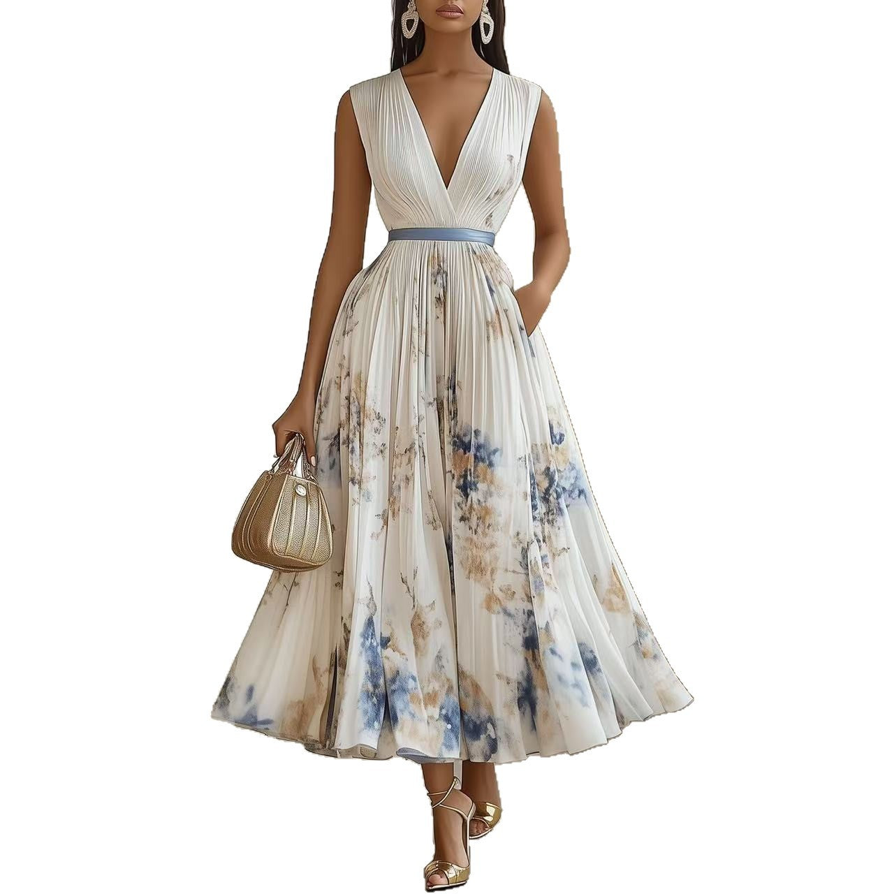 Women's Floral Maxi Dress with V-Neck