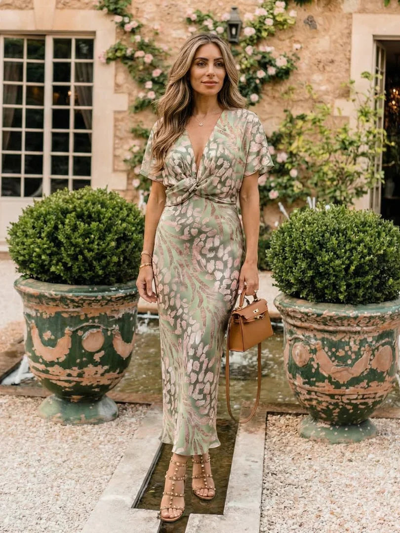 Women's Printed Twist Front Maxi Dress with Flutter Sleeves