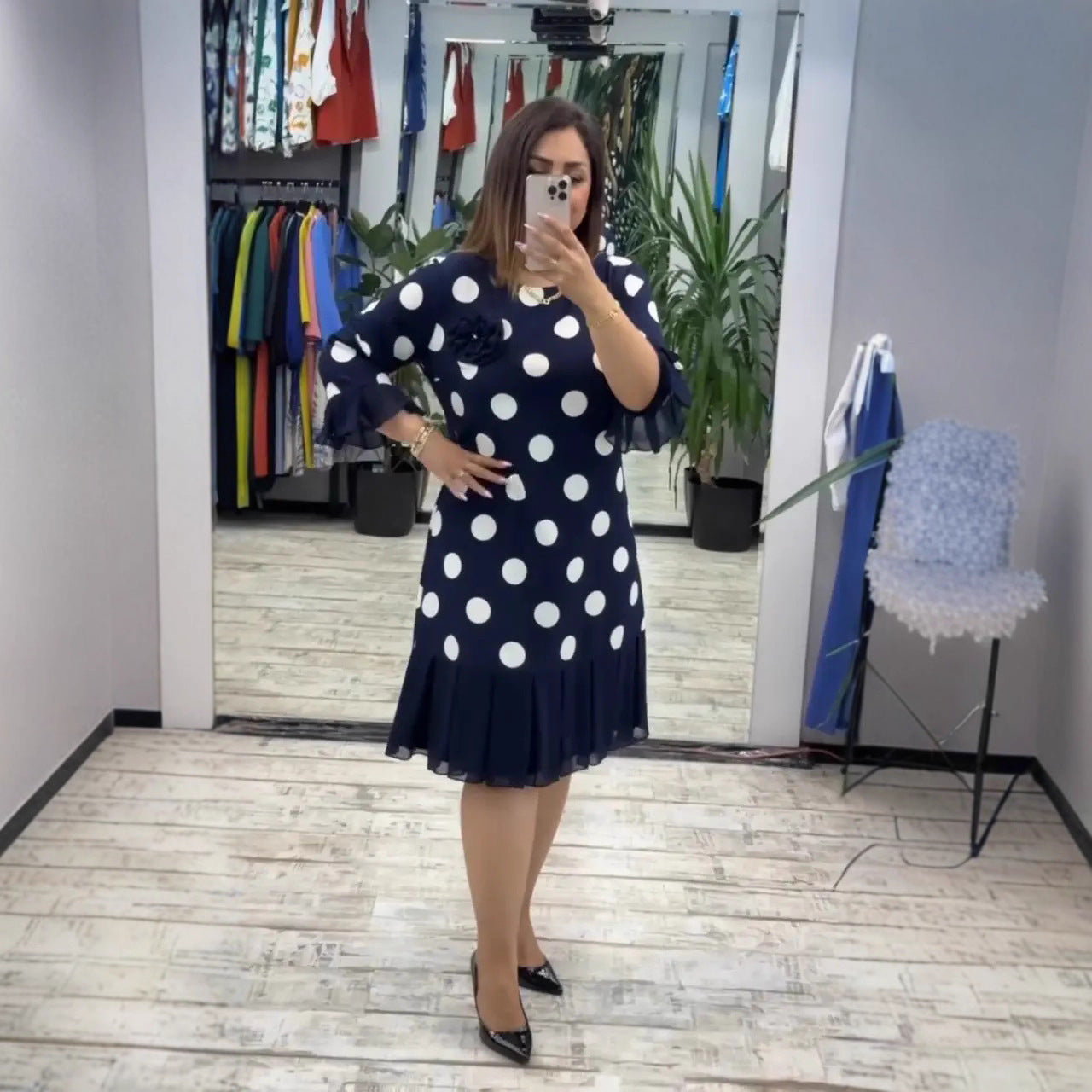 Women's Pleated Polka Dot Midi Dress