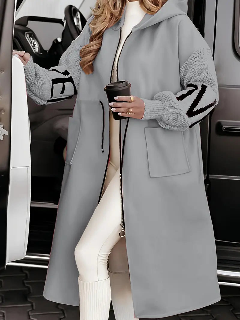 Women's Long Hooded Zip Coat with Contrast Sleeve Detail