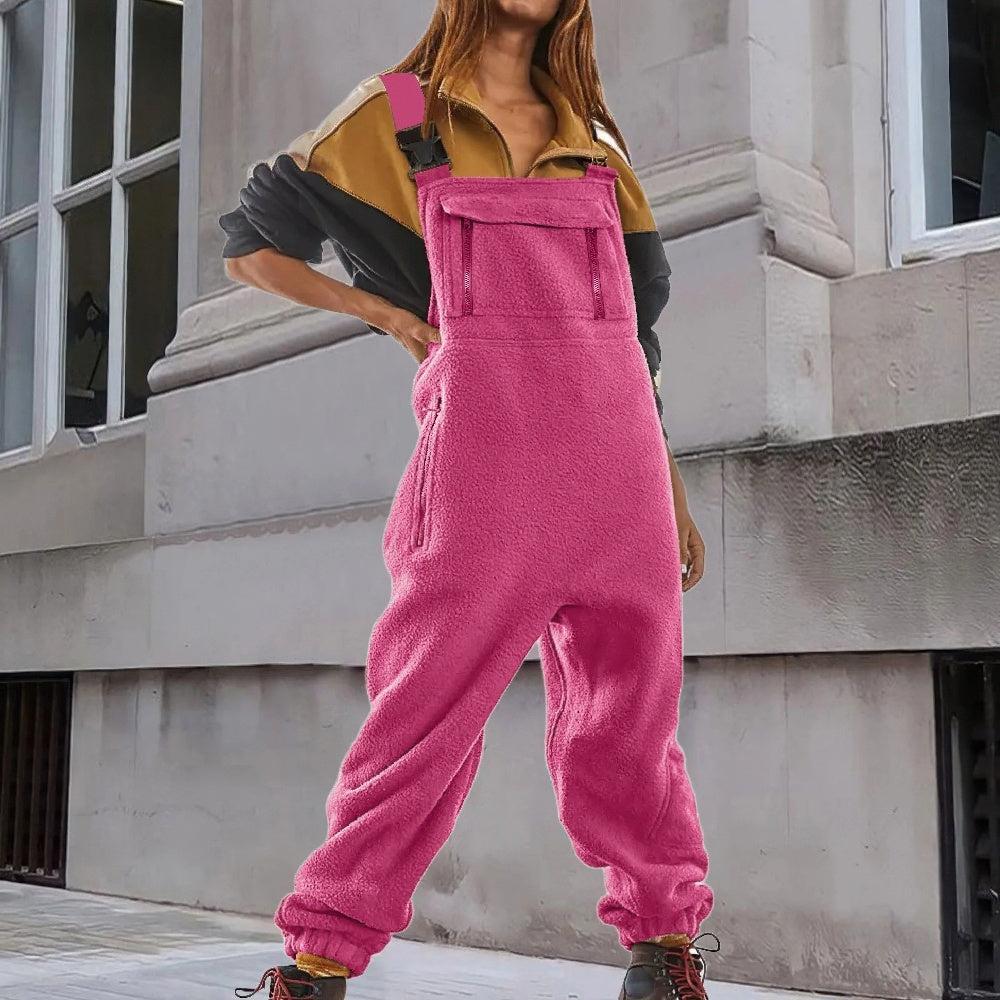 Women's Cozy Fleece Bib Jumpsuit with Adjustable Straps