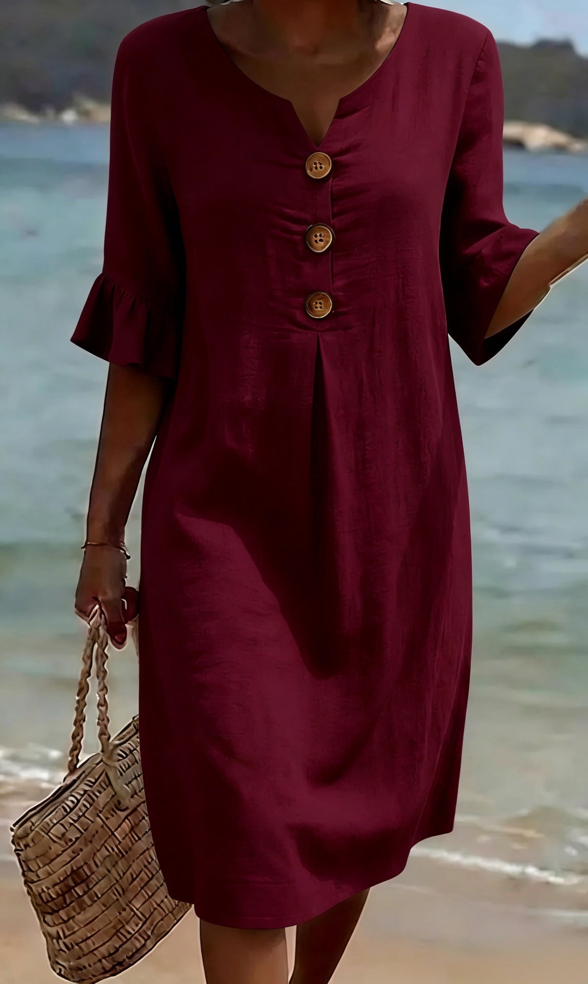 Women's V-Neck Button Ruffle Cuff Midi Dress