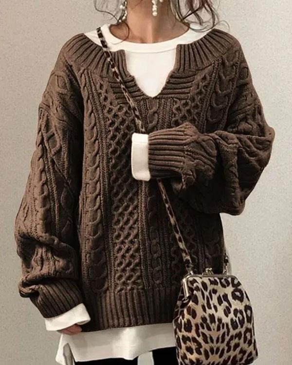 Women's Oversized Cable V-Neck Knit Sweater