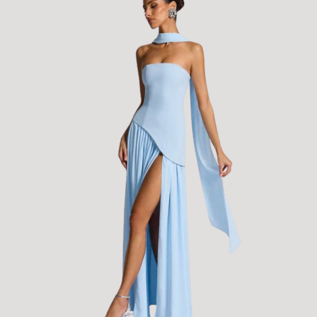 Women's Strapless High-Slit Evening Maxi Dress with Scarf Detail