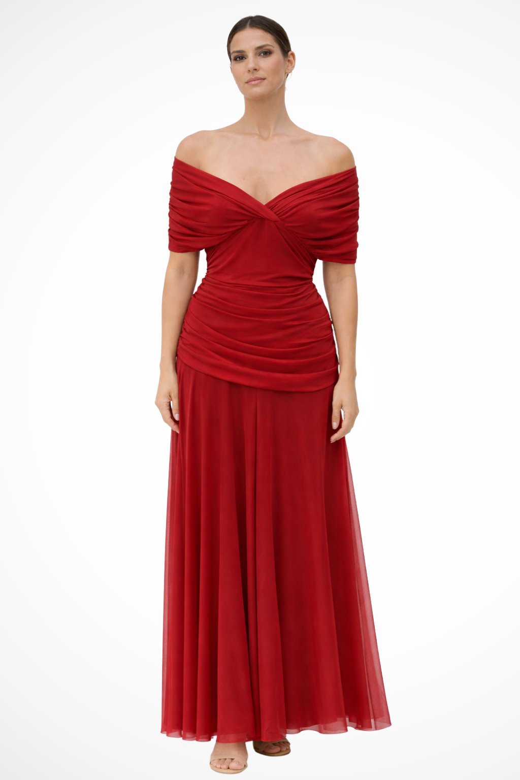 Women’s Elegant Off Shoulder Ruched Maxi Dress with Draped Bodice