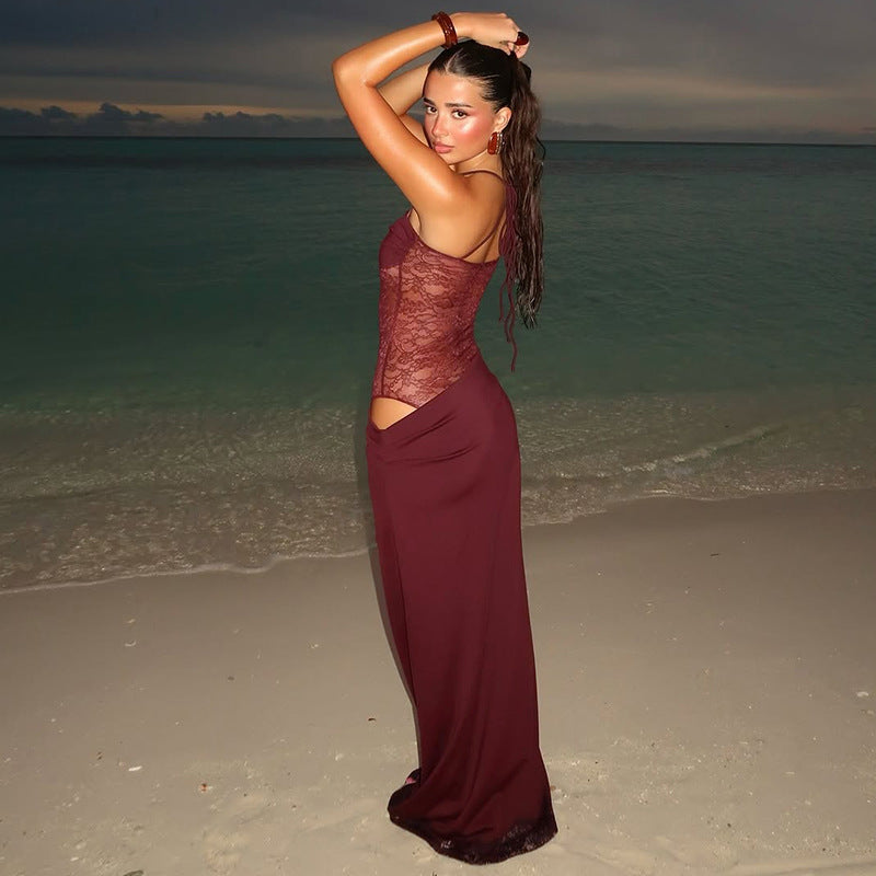Spaghetti Strap Lace Panel Bodycon Evening Maxi Dress