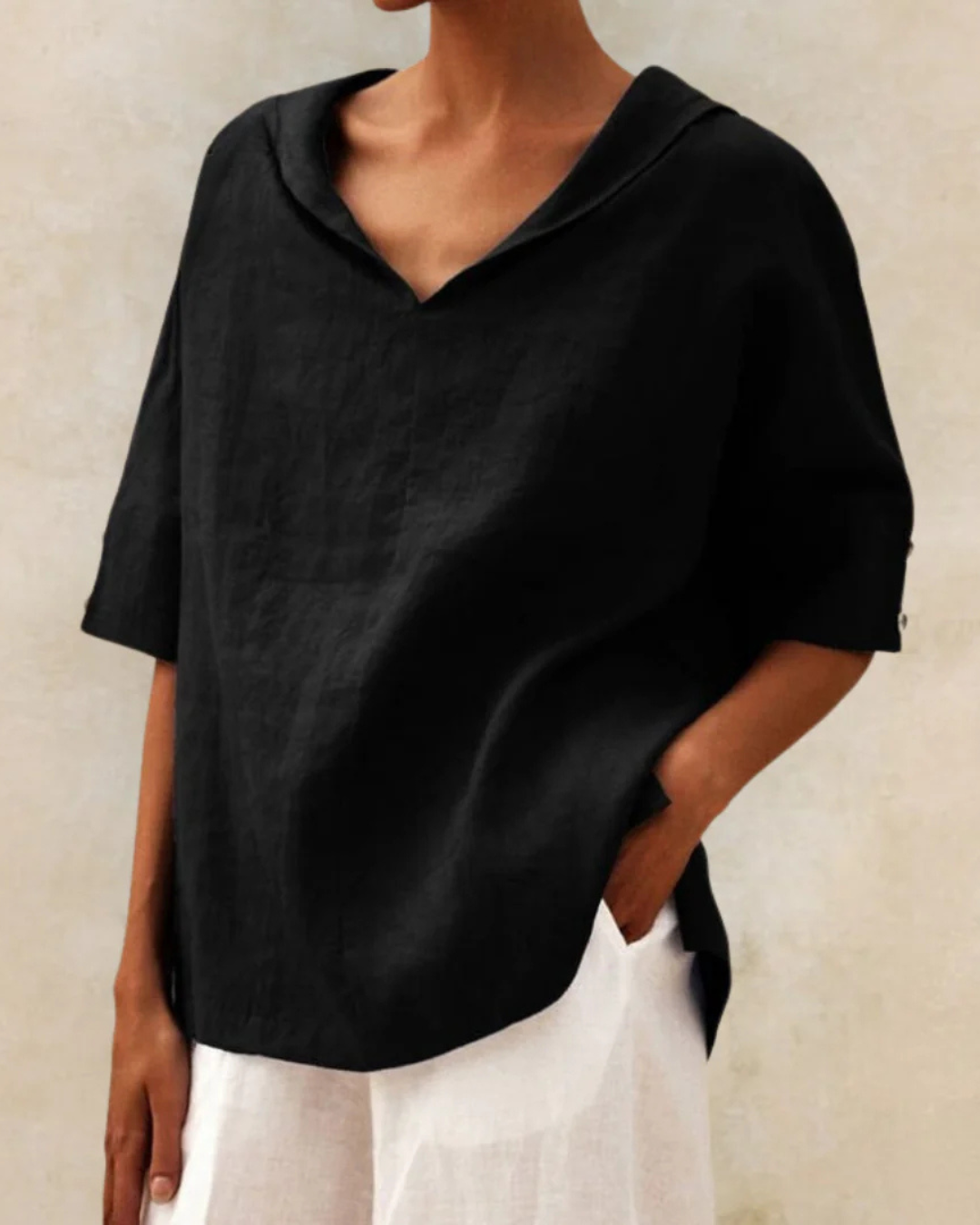 Women’s Relaxed V-Neck Blouse with Rolled Short Sleeves