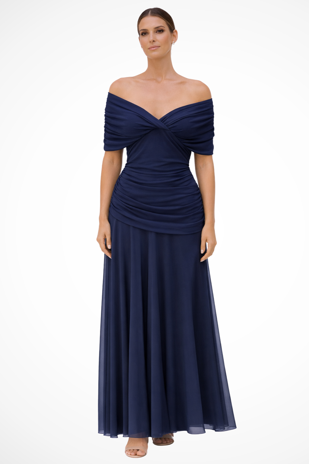 Women’s Elegant Off Shoulder Ruched Maxi Dress with Draped Bodice
