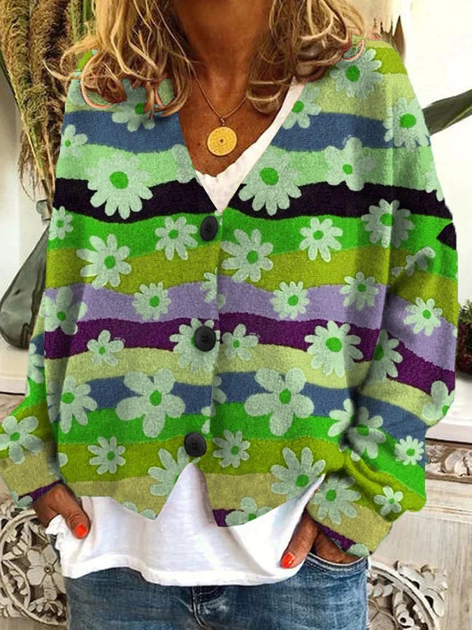 Women’s Floral Stripe Button Cardigan Sweater